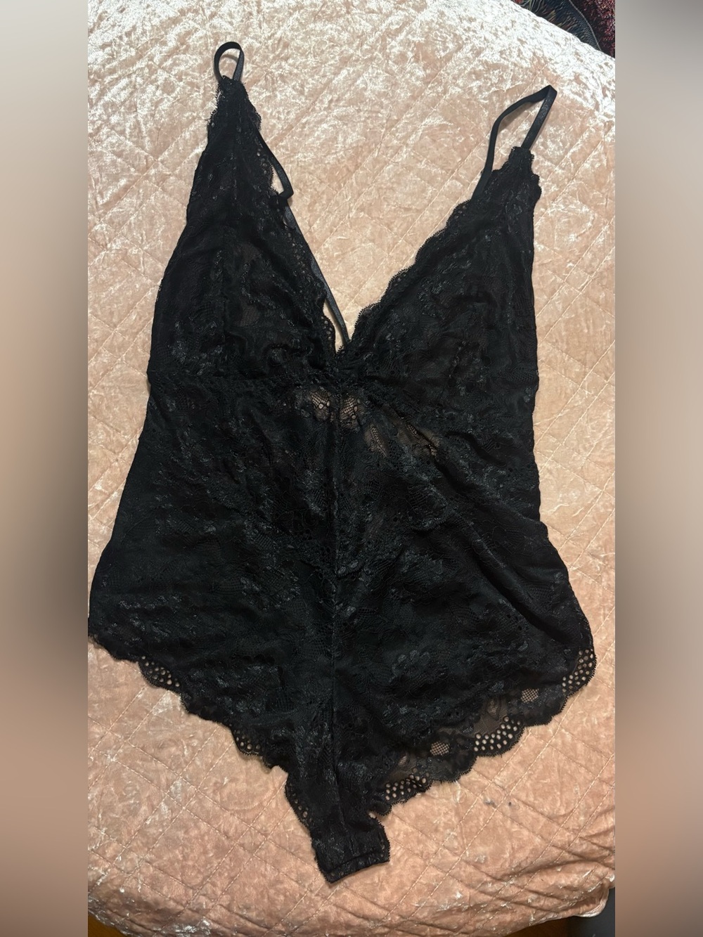 Avid love Sheer Black Lace Chemise Bodysuit with Scalloped Trim